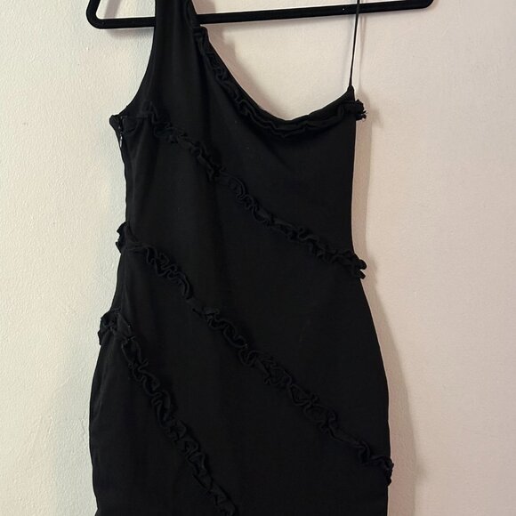 More To Come One-Shoulder Black Mini Dress – Ruffle Trim - Size Small - Picture 3 of 5